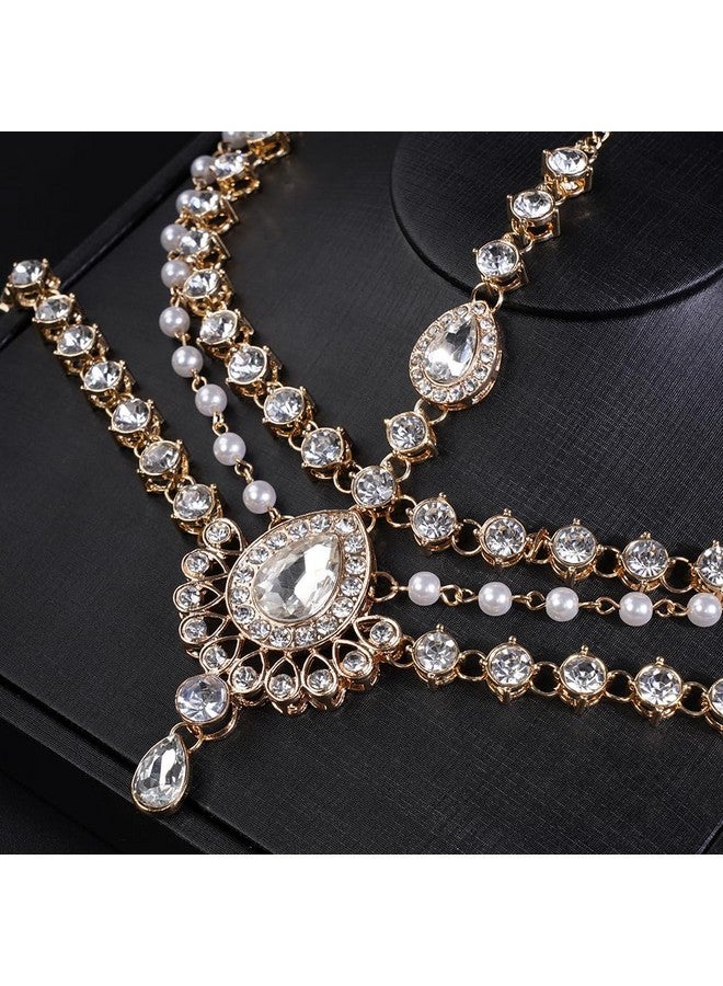 Aimimier Boho Teardrop Crystal Head Chain Layered Faux Pearl Forehead Chain Wedding Headpiece For Women (Gold) - Image 4