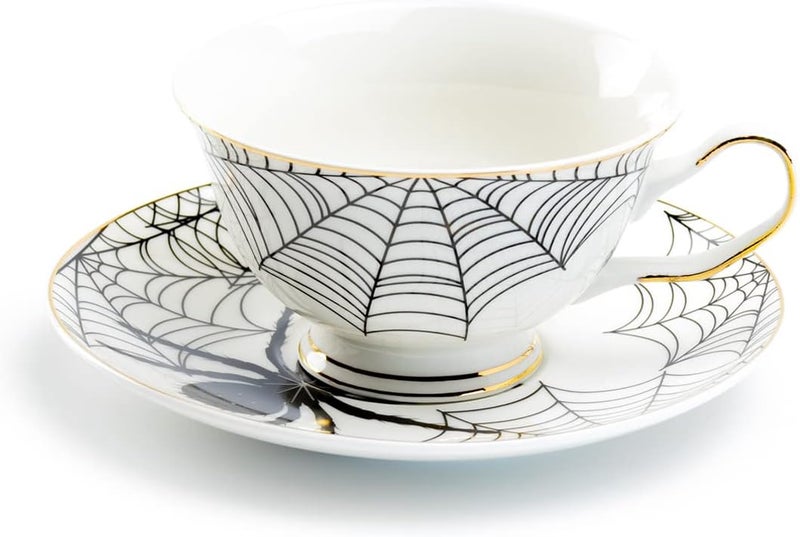 Grace Teaware Black Spider White Gold Tea Cup and Saucer with Gold Trim Halloween - Image 1