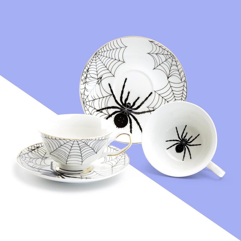 Grace Teaware Black Spider White Gold Tea Cup and Saucer with Gold Trim Halloween - Image 3