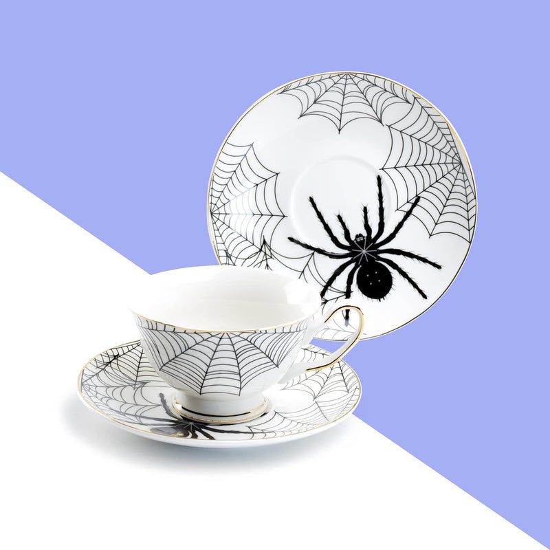 Grace Teaware Black Spider White Gold Tea Cup and Saucer with Gold Trim Halloween - Image 2