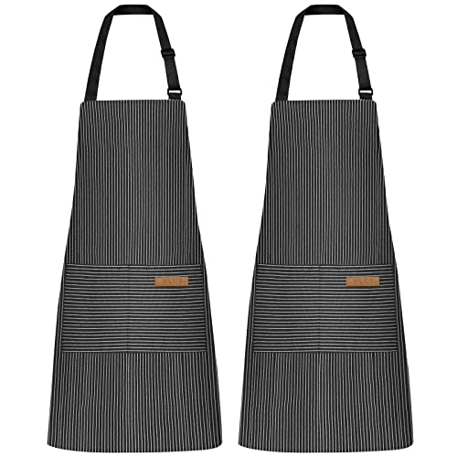 NLUS 2 Pack Kitchen Cooking Aprons Adjustable Bib Soft Chef Apron with 2 Pockets for Men Women Black Pinstripes