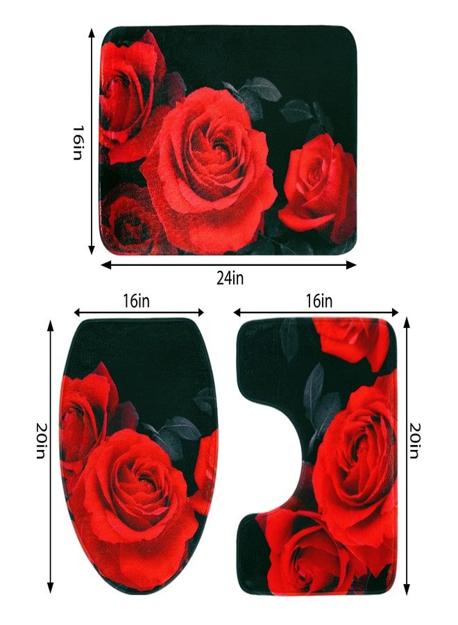 LIVILAN Bathroom Rugs and Mats Sets, Black Bath Mat, 3 Piece Bathroom Rug Set, Ultra Soft Absorbent Shaggy Thicken Non-Slip, Rose Bathroom Rugs, Bathroom Rug+U Shape Toilet Bathroom Mat+ Contour Bath Rug - Image 2