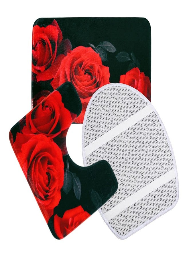 LIVILAN Bathroom Rugs and Mats Sets, Black Bath Mat, 3 Piece Bathroom Rug Set, Ultra Soft Absorbent Shaggy Thicken Non-Slip, Rose Bathroom Rugs, Bathroom Rug+U Shape Toilet Bathroom Mat+ Contour Bath Rug - Image 3