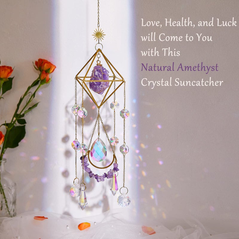 LPKADQA Amethyst Crystal Suncatcher - Hanging Gold Plated Garden Sun Catcher for Windows, Healing Amethyst Crystal Decor for Home, Gift for Christmas Birthday Valentine Mothers Day - Image 2