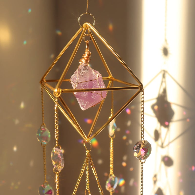 LPKADQA Amethyst Crystal Suncatcher - Hanging Gold Plated Garden Sun Catcher for Windows, Healing Amethyst Crystal Decor for Home, Gift for Christmas Birthday Valentine Mothers Day - Image 3