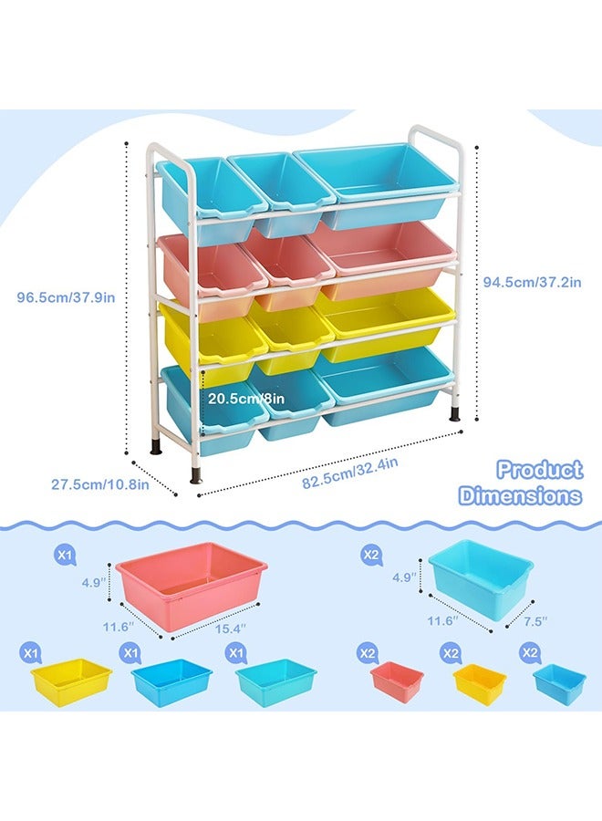 سولاكان خزانة تخزين الألعاب للأطفال 4 طبقات مع 12 سلة بلاستيكية لتخزين الكرات والكتب والملابس سلال كبيرة لتخزين الألعاب ملونة لخزانة الأطفال في غرفة اللعب أو غرفة النوم - Image 2
