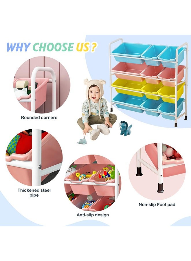 سولاكان خزانة تخزين الألعاب للأطفال 4 طبقات مع 12 سلة بلاستيكية لتخزين الكرات والكتب والملابس سلال كبيرة لتخزين الألعاب ملونة لخزانة الأطفال في غرفة اللعب أو غرفة النوم - Image 3