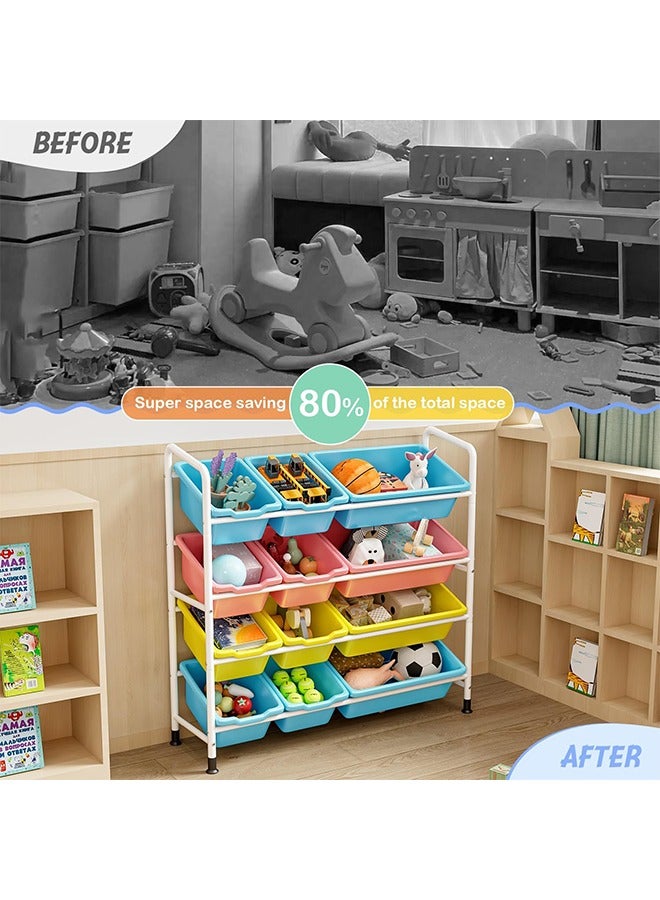 سولاكان خزانة تخزين الألعاب للأطفال 4 طبقات مع 12 سلة بلاستيكية لتخزين الكرات والكتب والملابس سلال كبيرة لتخزين الألعاب ملونة لخزانة الأطفال في غرفة اللعب أو غرفة النوم - Image 5