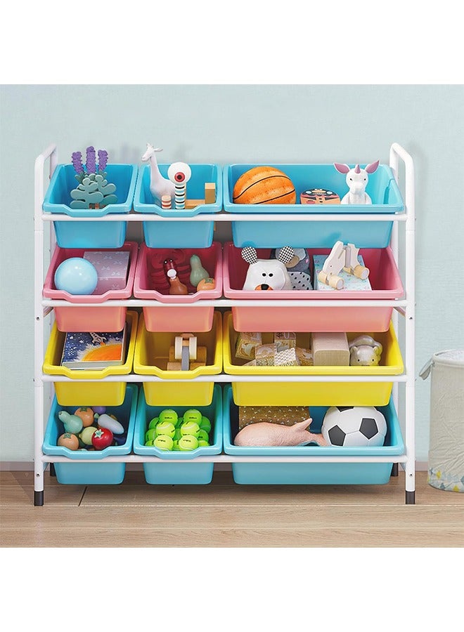 سولاكان خزانة تخزين الألعاب للأطفال 4 طبقات مع 12 سلة بلاستيكية لتخزين الكرات والكتب والملابس سلال كبيرة لتخزين الألعاب ملونة لخزانة الأطفال في غرفة اللعب أو غرفة النوم - Image 1