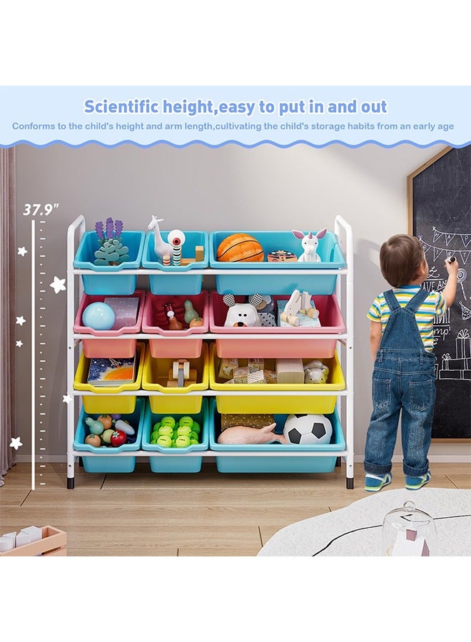 سولاكان خزانة تخزين الألعاب للأطفال 4 طبقات مع 12 سلة بلاستيكية لتخزين الكرات والكتب والملابس سلال كبيرة لتخزين الألعاب ملونة لخزانة الأطفال في غرفة اللعب أو غرفة النوم - Image 4