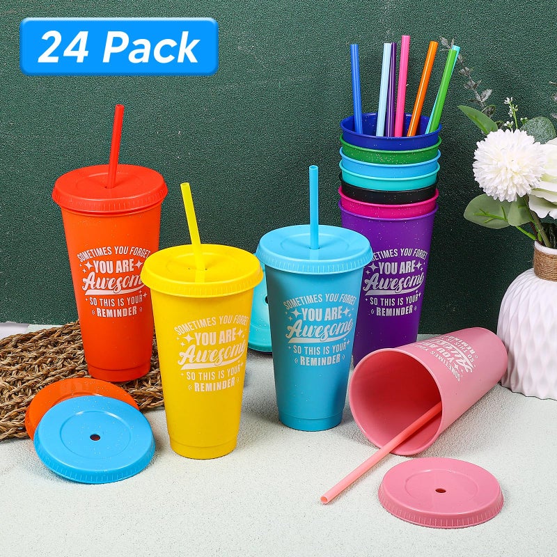 LEIFEOSH 24 Pack Plastic Tumblers with Lids and Straws  Sometimes You Forget You Are Awesome Gifts Reusable Cups with Lids Colorful Cups for Party  Iced Coffee Cup Bulk Tumbler (24 oz  Solid Colors Printed) - Image 3