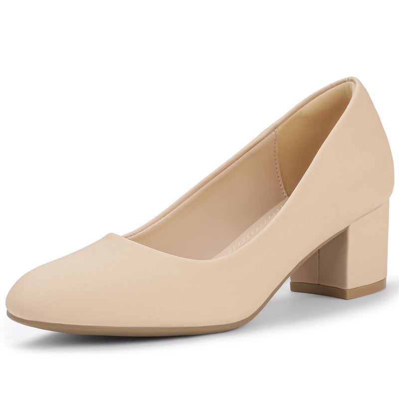 IDIFU Nude Heels Women's Pumps Closed Round Toe Low Block Chunky Heels Short Small Thick Wedding Bridal Work Prom Dress Shoes for Women Comfy Dressy Formal Classic Pumps Shoes(Nude Nubuck, 8) - Image 1