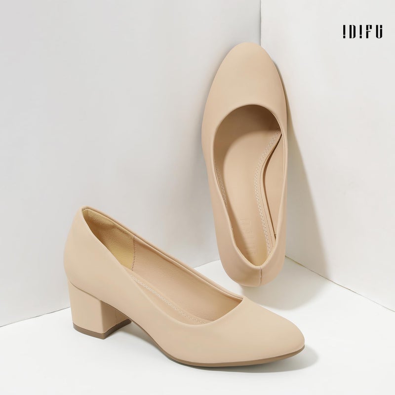 IDIFU Nude Heels Women's Pumps Closed Round Toe Low Block Chunky Heels Short Small Thick Wedding Bridal Work Prom Dress Shoes for Women Comfy Dressy Formal Classic Pumps Shoes(Nude Nubuck, 8) - Image 5