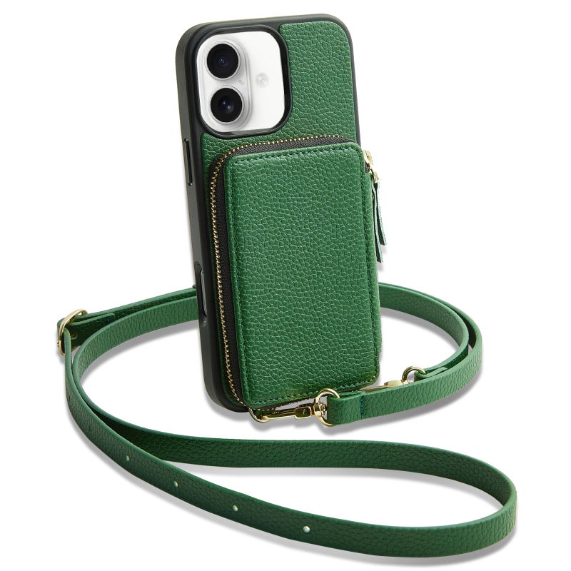 ZVE for iPhone 17 Wallet Case with Card Holder, Leather Crossbody Phone Purse Case with Wrist Strap 6.3" Dark Green - Image 1