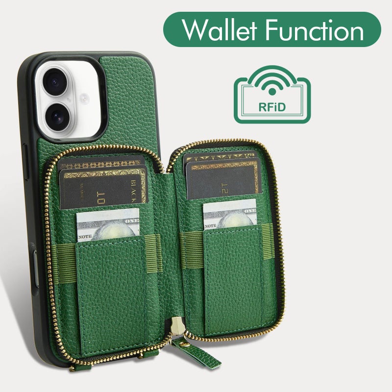 ZVE for iPhone 17 Wallet Case with Card Holder, Leather Crossbody Phone Purse Case with Wrist Strap 6.3" Dark Green - Image 2