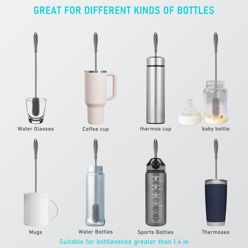 ddLUCK 15.7" Silicone Bottle Brush, ddLUCK Water Bottle Cleaner Brush for Stanley, Hydroflasks, Glass, Thermos Sports Bottle, Vase and Glassware, Bottle Brush Cleaner for Small Narrow Neck Containers (Gray) - Image 2