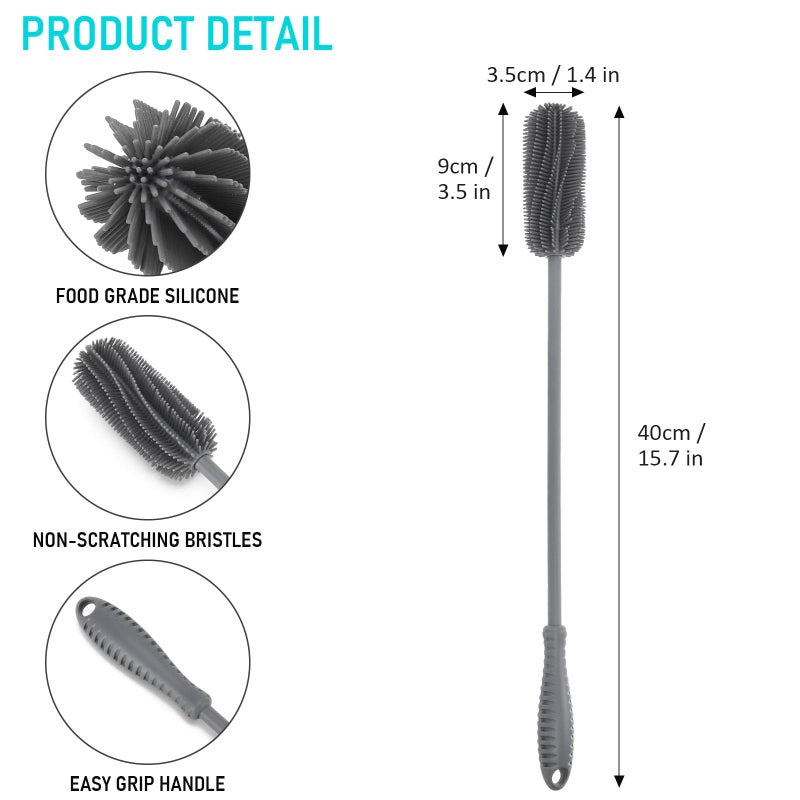 ddLUCK 15.7" Silicone Bottle Brush, ddLUCK Water Bottle Cleaner Brush for Stanley, Hydroflasks, Glass, Thermos Sports Bottle, Vase and Glassware, Bottle Brush Cleaner for Small Narrow Neck Containers (Gray) - Image 3