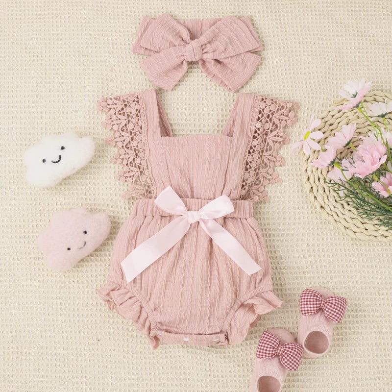 Douhoow Infant Baby Girl Plaid Romper Baby Short Sleeve Pleated Romper Bodysuit Summer Spring Outfits (Pink light,3-6 Months) - Image 2