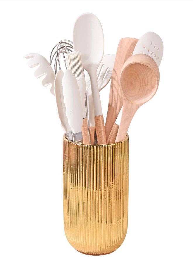 Satu Brown Utensil Holder, Ceramic Kitchen Gold Utensil Holder for Countertop,Cooking Utensil Crocks for Kitchen Counter 5.1 W x 6.6 H inches（stripes） - Image 1