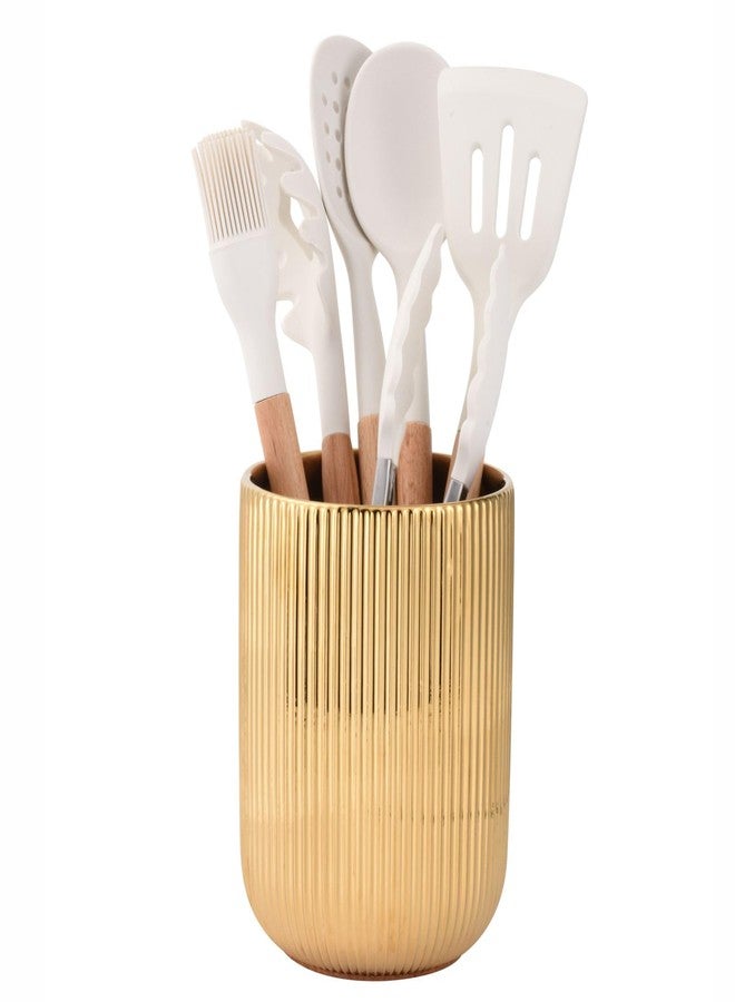 Satu Brown Utensil Holder, Ceramic Kitchen Gold Utensil Holder for Countertop,Cooking Utensil Crocks for Kitchen Counter 5.1 W x 6.6 H inches（stripes） - Image 2