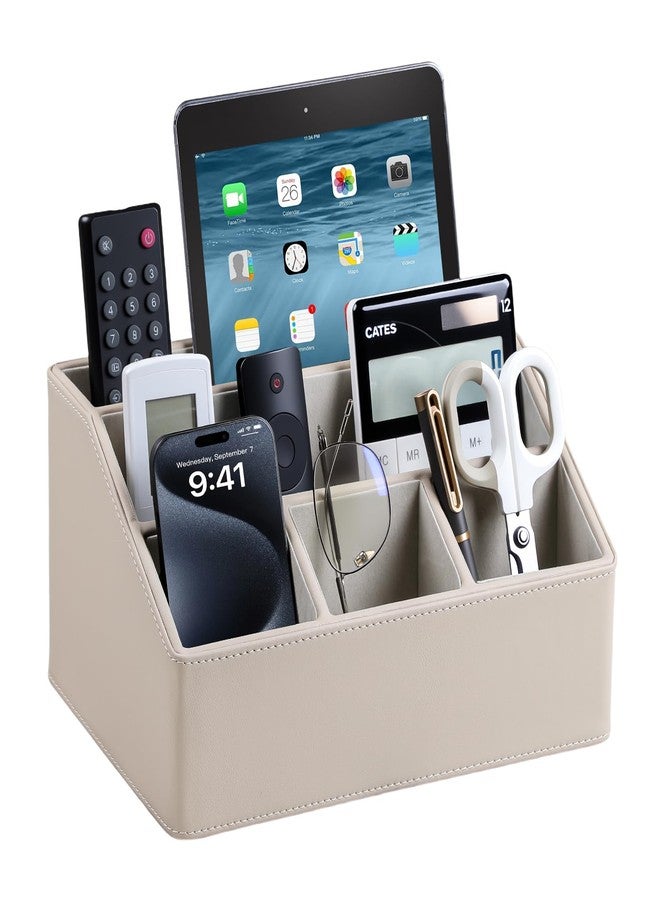 MEIBOOCH PU Leather Desk Organizer, Luxury Remote Control Holder for Home, Office Desk Accessories Table Caddy Bedside Nightstand Organizer (Dark Beige) - Image 1
