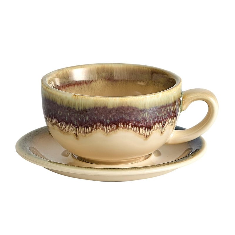 Coffeezone Vintage Design 12 oz Ceramic Latte Art Cappuccino Barista Cup with Saucer Brown