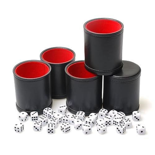 RERIVER 5 Pack PU Leather Dice Cup Set with 6 Dot Dices Felt Lined Quiet Shaker for Yahtzee Bar Party Family Dice GamesRedBlack - Image 1