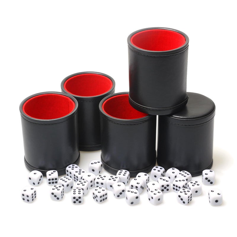 RERIVER 5 Pack PU Leather Dice Cup Set with 6 Dot Dices Felt Lined Quiet Shaker for Yahtzee Bar Party Family Dice GamesRedBlack - Image 3