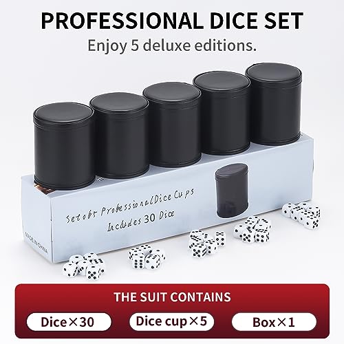 RERIVER 5 Pack PU Leather Dice Cup Set with 6 Dot Dices Felt Lined Quiet Shaker for Yahtzee Bar Party Family Dice GamesRedBlack - Image 5