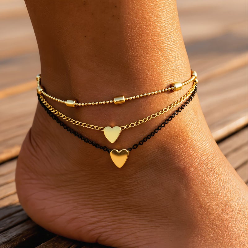 Black Heart Layered Anklets for Women Hypoallergenic No Fade Sensitive Skin Ankle Bracelet - Image 5