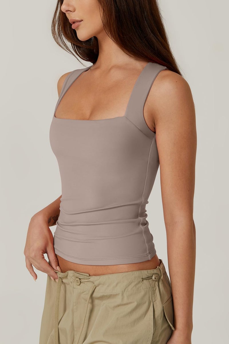 QINSEN Women's Summer Tank Tops Square Neck Sleeveless Slim Fitted Going Out Shirts Warm Taupe M - Image 2