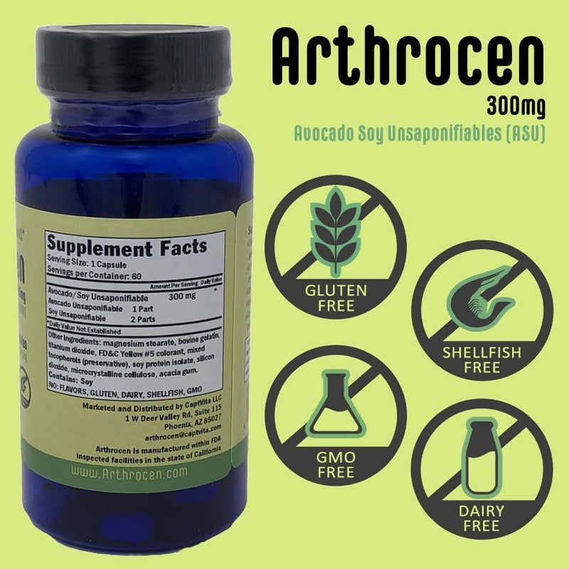 Arthrocen Joint Health Supplement 300Mg Avocado Soy Unsaponifiable NonGMO Dairy Free Gluten Free  Shellfish Free 60 Day Supply One Capsule Per Day 2 Months - Image 3