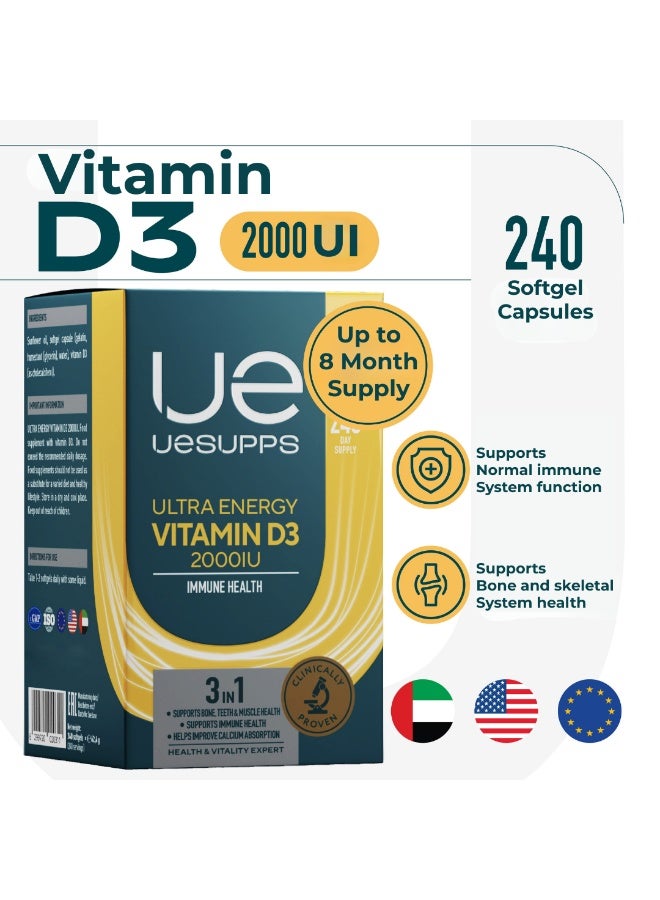 UESUPPS مكمل فيتامين د3 2000 وحدة دولية من UESUPPS | تركيبة طاقة فائقة مع كوليكالسيفيرول لتناول فيتامين د اليومي والدعم الغذائي | كبسولات لينة عالية القوة | للاستخدام اليومي للبالغين | 240 كبسولة لينة - Image 2