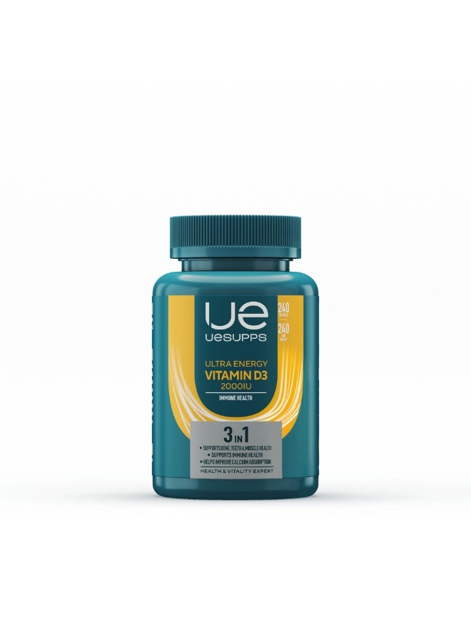 UESUPPS مكمل فيتامين د3 2000 وحدة دولية من UESUPPS | تركيبة طاقة فائقة مع كوليكالسيفيرول لتناول فيتامين د اليومي والدعم الغذائي | كبسولات لينة عالية القوة | للاستخدام اليومي للبالغين | 240 كبسولة لينة - Image 1