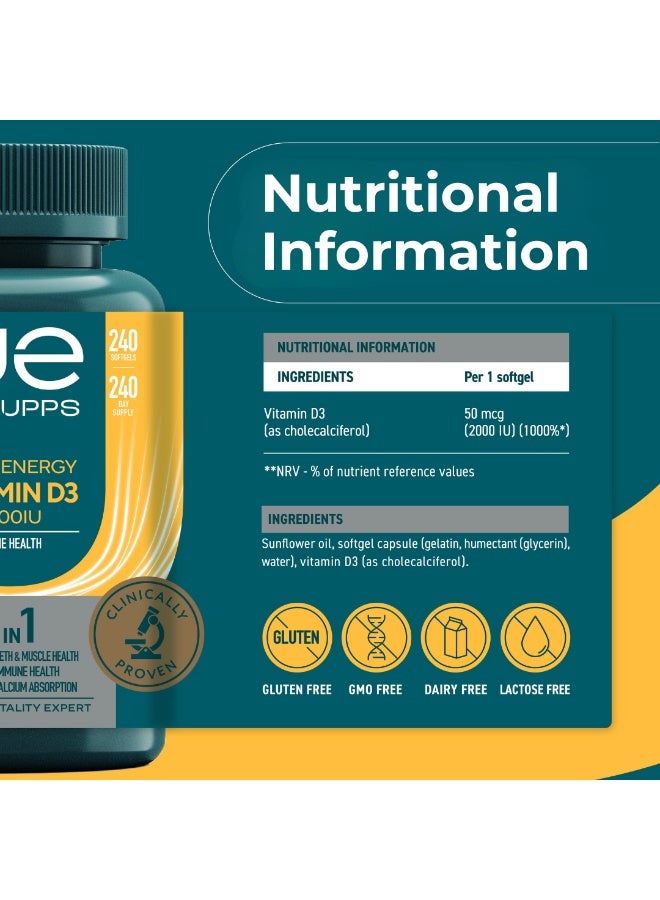 UESUPPS مكمل فيتامين د3 2000 وحدة دولية من UESUPPS | تركيبة طاقة فائقة مع كوليكالسيفيرول لتناول فيتامين د اليومي والدعم الغذائي | كبسولات لينة عالية القوة | للاستخدام اليومي للبالغين | 240 كبسولة لينة - Image 5
