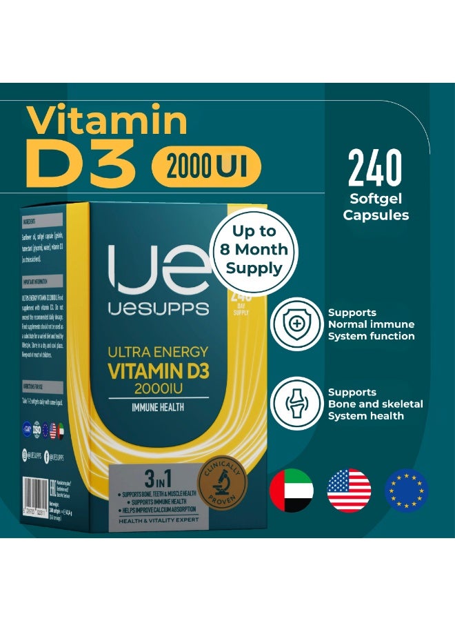 UESUPPS مكمل فيتامين د3 2000 وحدة دولية من UESUPPS | تركيبة طاقة فائقة مع كوليكالسيفيرول لتناول فيتامين د اليومي والدعم الغذائي | كبسولات لينة عالية القوة | للاستخدام اليومي للبالغين | 240 كبسولة لينة - Image 3