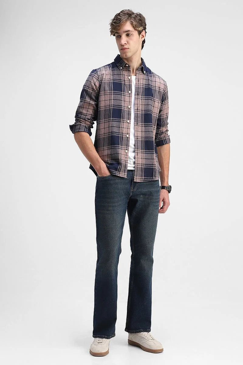 سنيتش Navy Checkered Long Sleeve Slim Fit Shirt