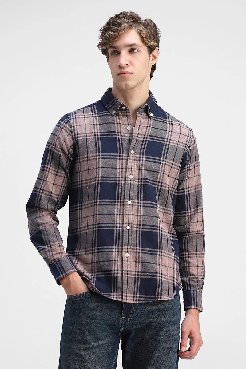 سنيتش Navy Checkered Long Sleeve Slim Fit Shirt