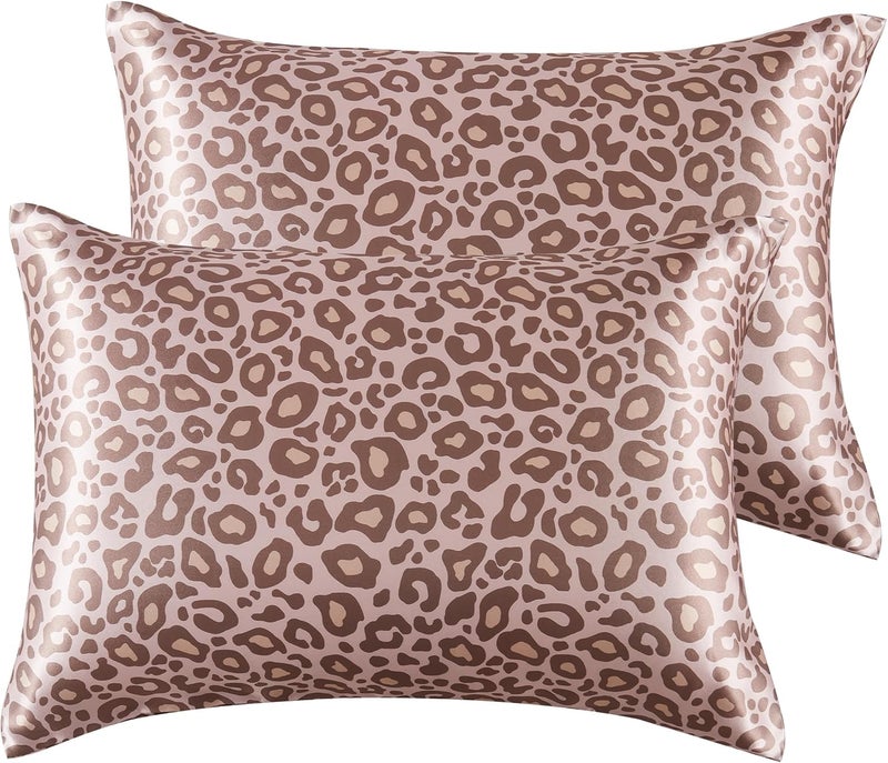 URLINENS غطاء وسادة من الساتان لل��عر والبشرة، ناعم وبارد مشابه لأغطية الوسائد الحريرية عبوة من 2 مع إغلاق مغلف مقاس قياسي، هدية للنساء (20×26 بوصة، نمط النمر الوردي) - Image 1