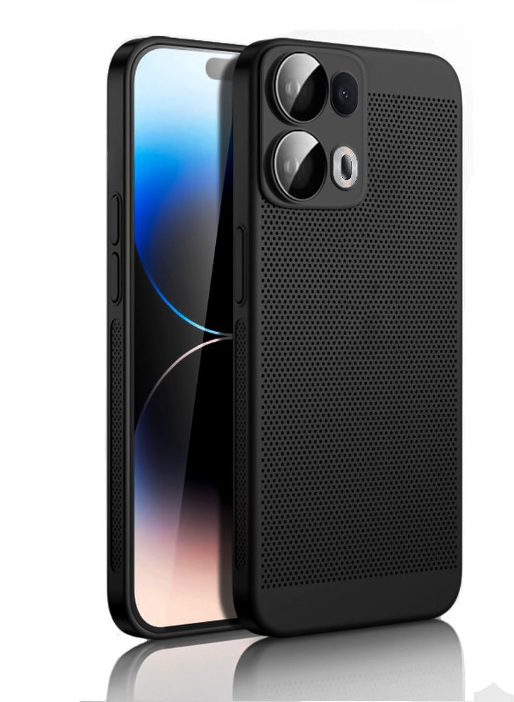 Heat Dissipation Case with Built in Camera Lens Protector Slim Fit Breathable Cooling Anti Fingerprint Hard PC Back Shockproof Cover For Oppo Reno 13 Pro (Black)