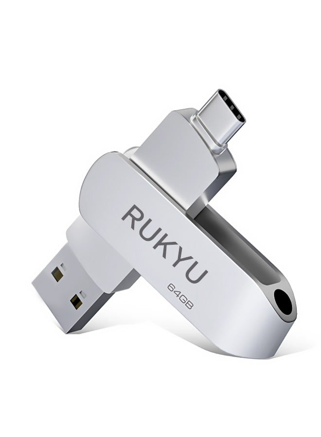 RUKYU 64G Compatible USB3.0/2.0+Type-c Dual Interface USB Flash Drive, High-Speed Storage, Read Up to 150MBps Read, Write Up to 60MBps  360-degree Rotating Protective Cover, Compatible with Computers, Tablets, Type-c Mobile Phones, Cars, Audio, TVs (64GB) - Image 1