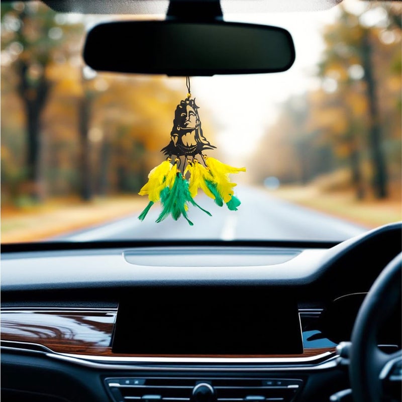 Jiyu Creation Car Hanging Ornament adiyogi Yellow rama Dream Catcher for Positive Energy Rearview Mirror Charm Home and Temple Decor Durable Acrylic with Original Feathers - Image 1
