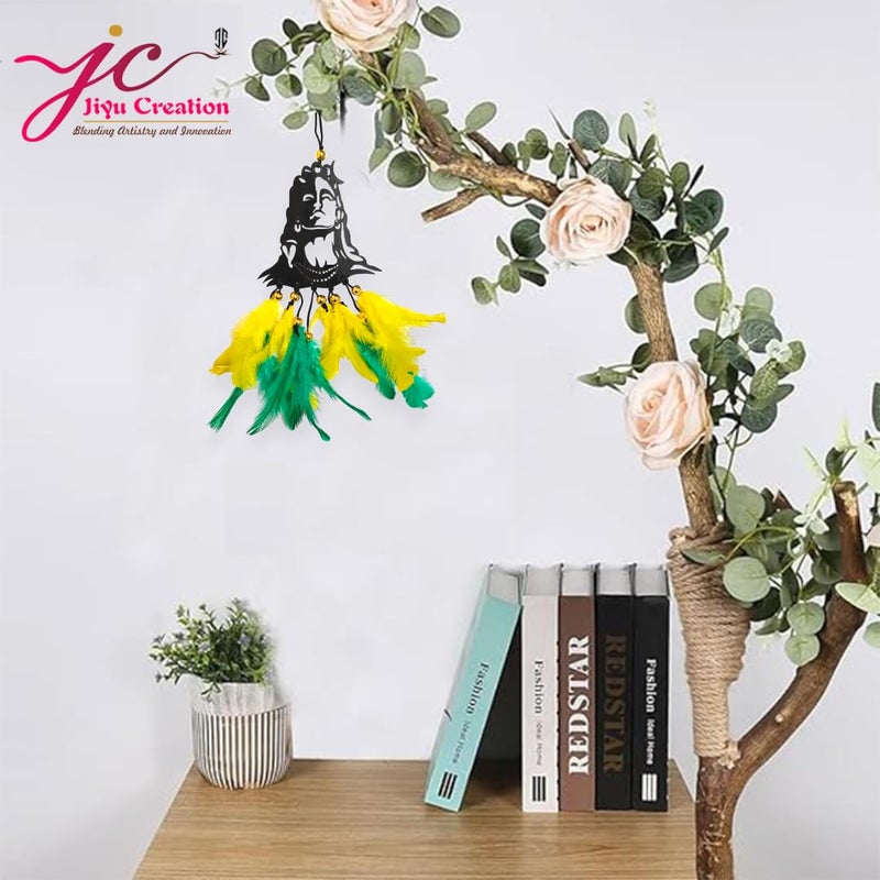 Jiyu Creation Car Hanging Ornament adiyogi Yellow rama Dream Catcher for Positive Energy Rearview Mirror Charm Home and Temple Decor Durable Acrylic with Original Feathers - Image 2