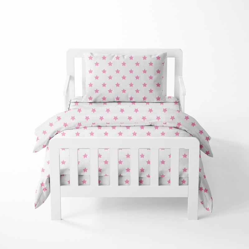 Bacati Bacati Muslin Ikat Stars 4 Piece Girls Toddler Bedding Set 100 Percent Cotton Includes Reversible Comforter Fitted Sheet Top Sheet and Pillow Case 4 pc Toddler Bedding Set Pink Stars