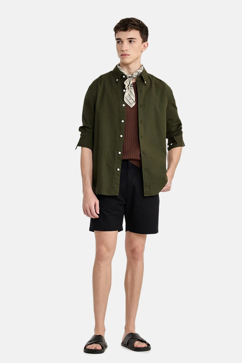SNITCH Olive Solid Long Sleeve Regular Fit Shirt
