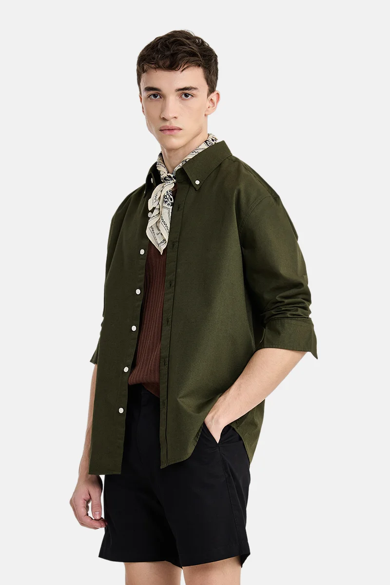 SNITCH Olive Solid Long Sleeve Regular Fit Shirt