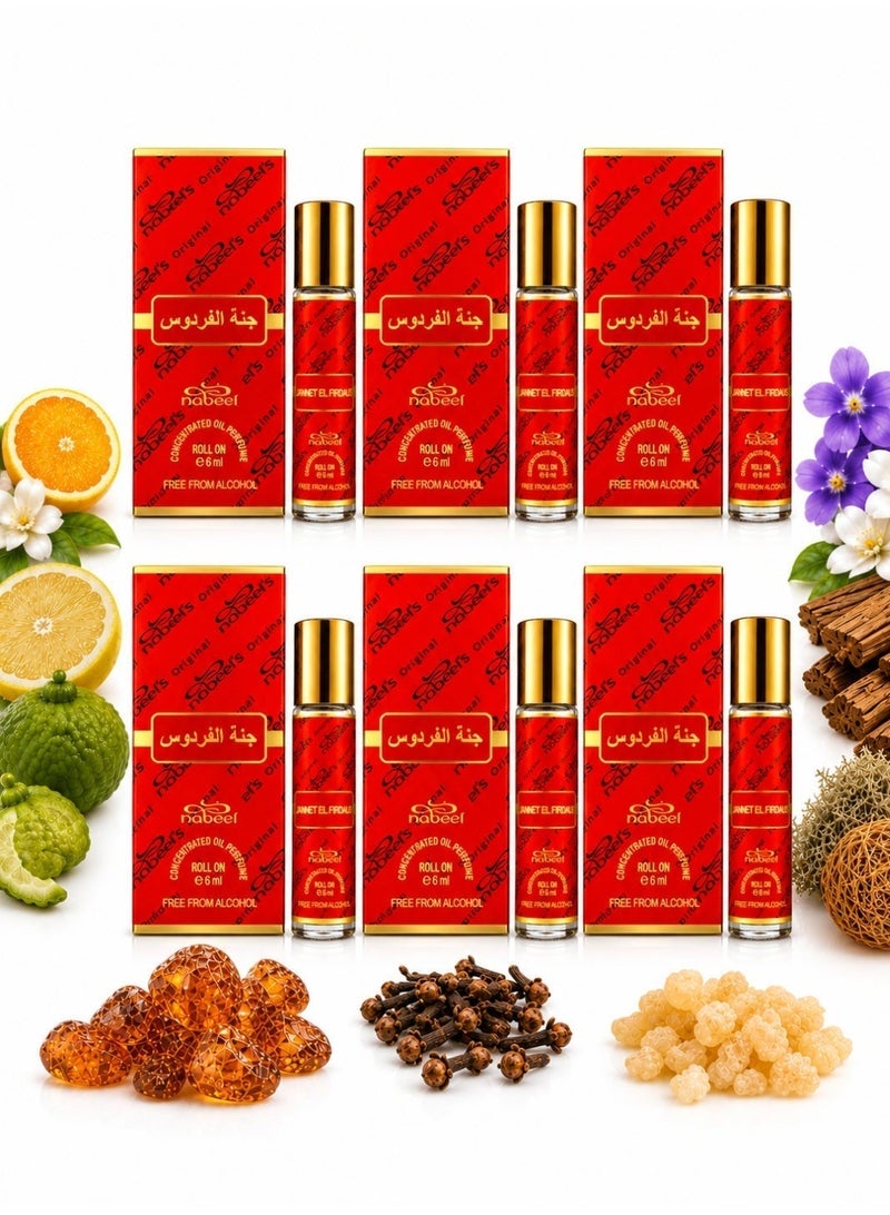Nabeel Pack of 6 Nabeel Jannet El Firdous Roll-On Oil Perfume 6 ML – Oriental Floral Musky Arabic Attar - Image 1