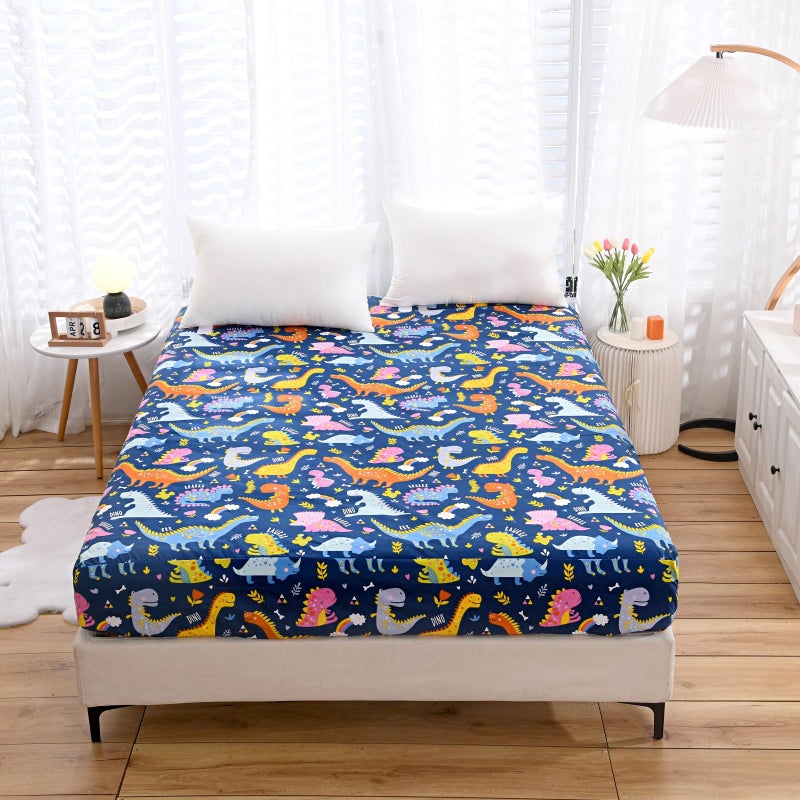 NATURETY Bedding Fitted Sheet with Deep Pocket,Dino Printed Thicken Fabric Bed Sheets (Navy Blue(Dinosaur), King) - Image 2