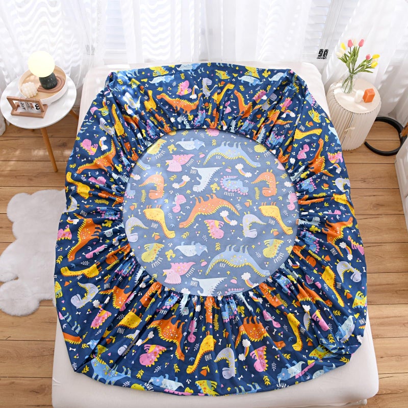 NATURETY Bedding Fitted Sheet with Deep Pocket,Dino Printed Thicken Fabric Bed Sheets (Navy Blue(Dinosaur), King) - Image 3