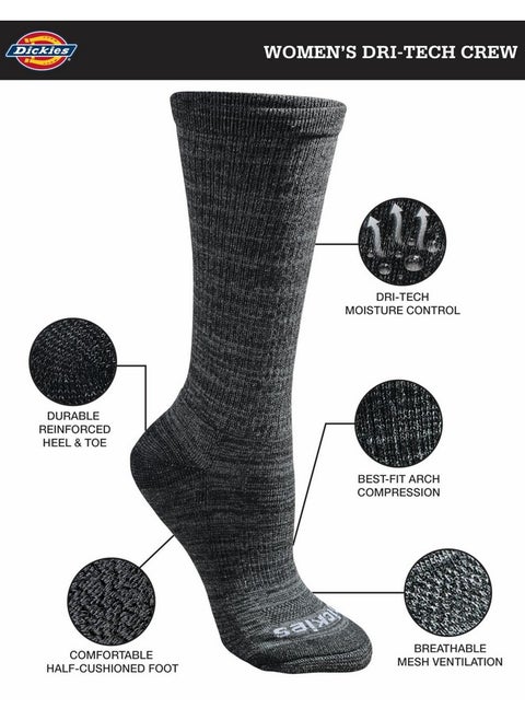 Dickies womens Dri-tech Moisture Control Crew Multipack Socks, Black Stripe (6 Pairs), Shoe Size 9-13 US